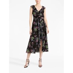 CINQ A SEPT Laure Floral Ruffled Midi Dress Midnight Black Chiffon Coquette 4